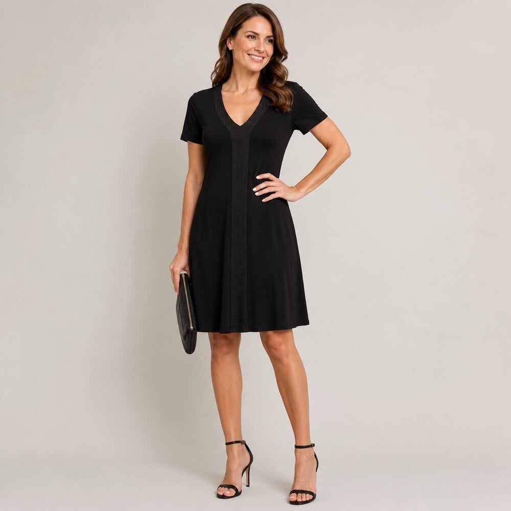 Adrianna Papell Knit Dress Textured VNeck Center Panel SzL LBD Modern Minimalist